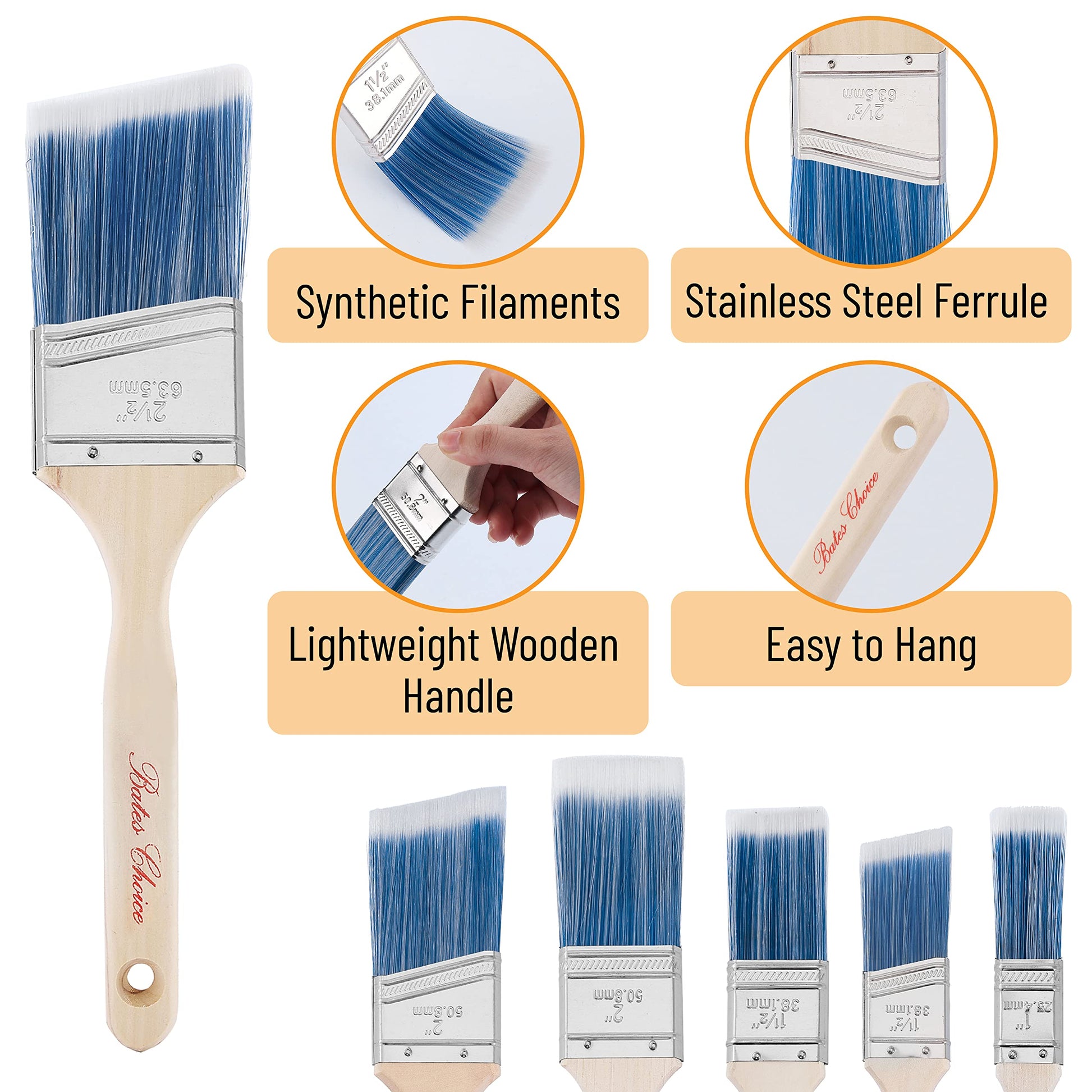 Bates- Paint Brushes, 6 Pack, Treated Wood Handle, Paint Brushes for Walls, Stain, Furniture