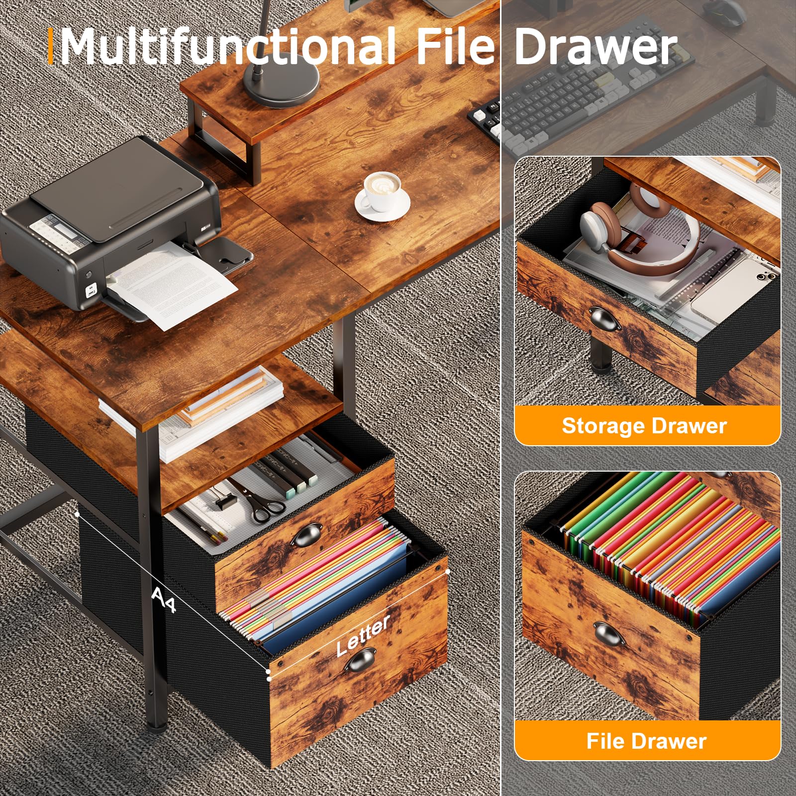 Furologee 66” L Shaped Desk with Power Outlet, Reversible Computer Gaming Desk with File Drawer & 2 Monitor Stands for Home Office with Storage Shelves, Rustic Brown