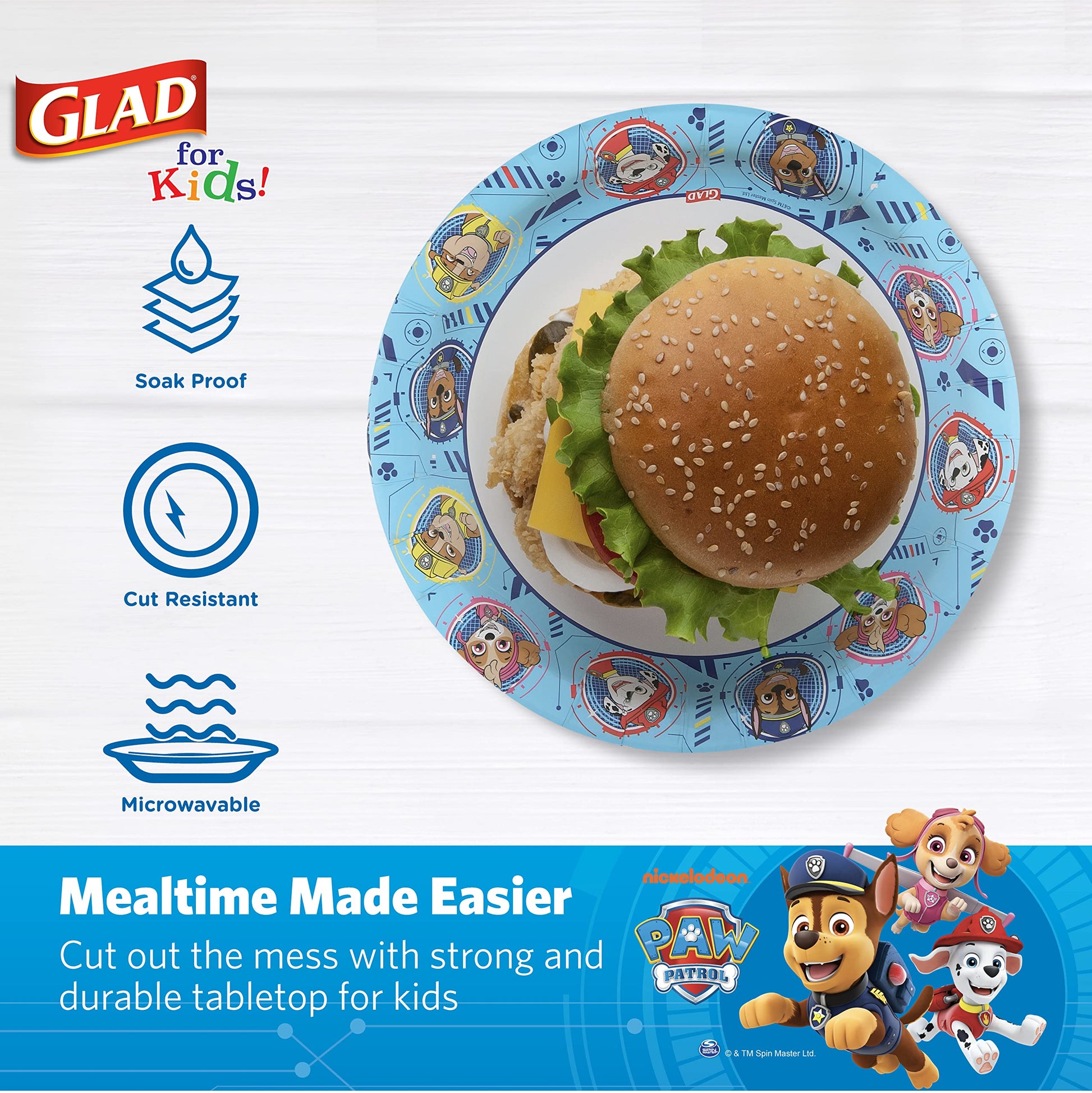 Glad for Kids Paw Patrol Round Disposable Paper Plates, Core Pups Blue - Heavy Duty, Soak Proof, Microwavable Plates for Everyday Use, 8.5 Inch, 20 Count