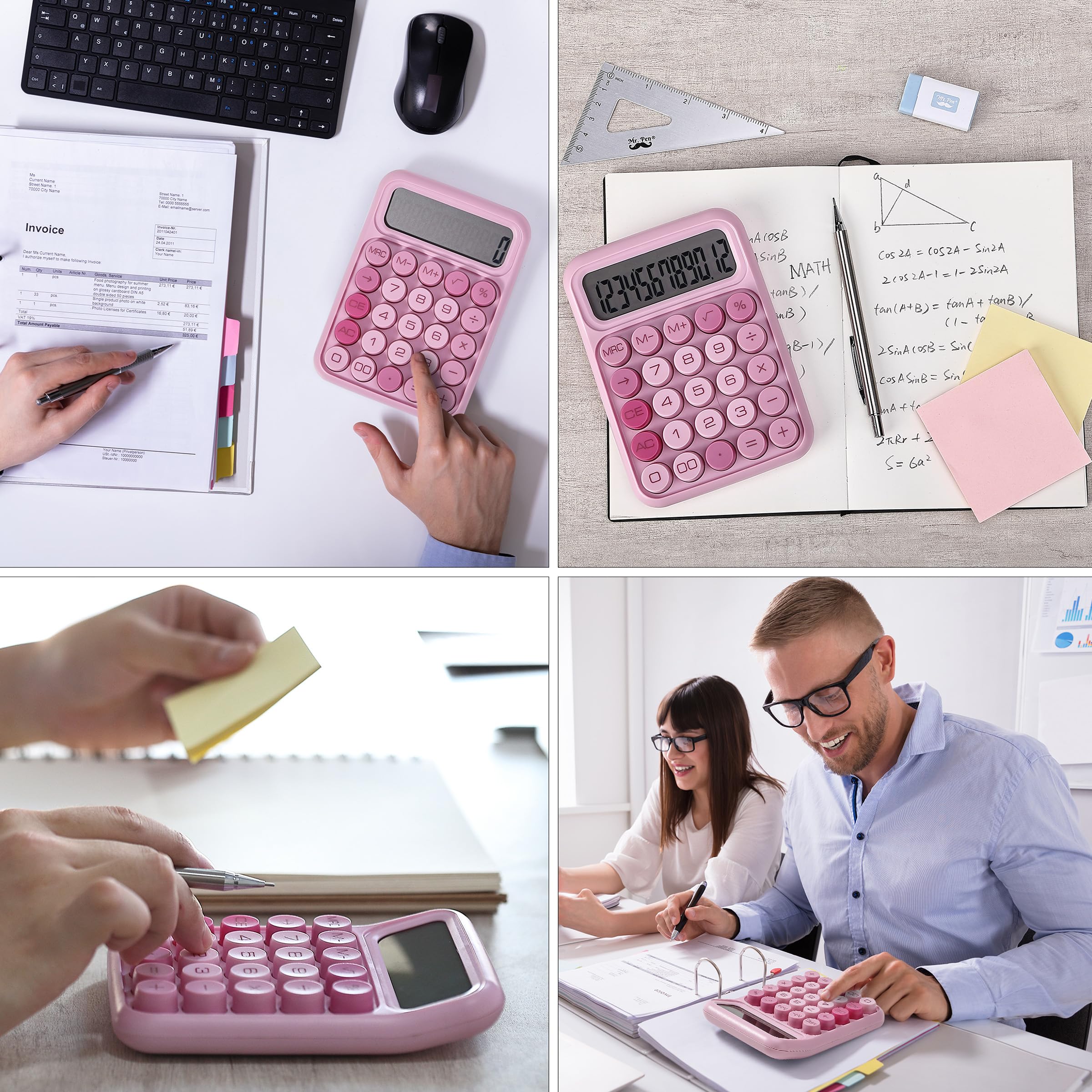Mr. Pen Mechanical Switch Calculator - 12 Digit Large LCD Display, Pink with Big Buttons, Back to School Supplies