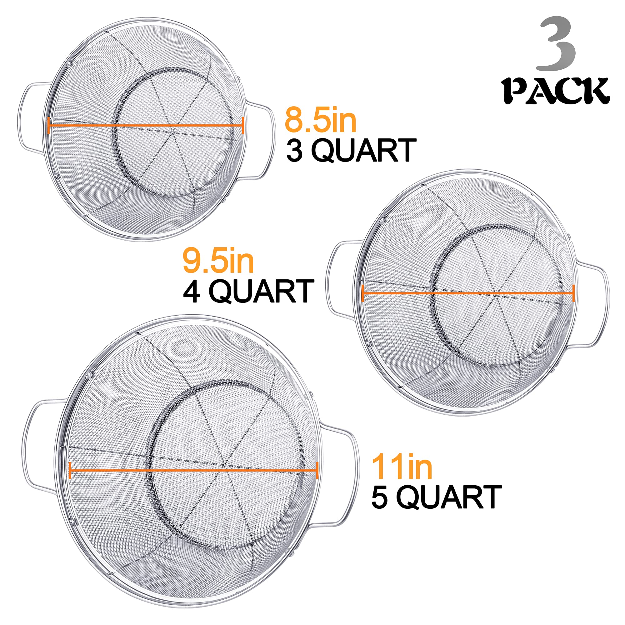 3 Pack 18/8 Stainless Steel Colander Sieves(5-Quart, 4-Quart and 3-Quart), Mesh Strainer Net Baskets with Handles & Resting Base for Strain, Drain, Rinse or Steam