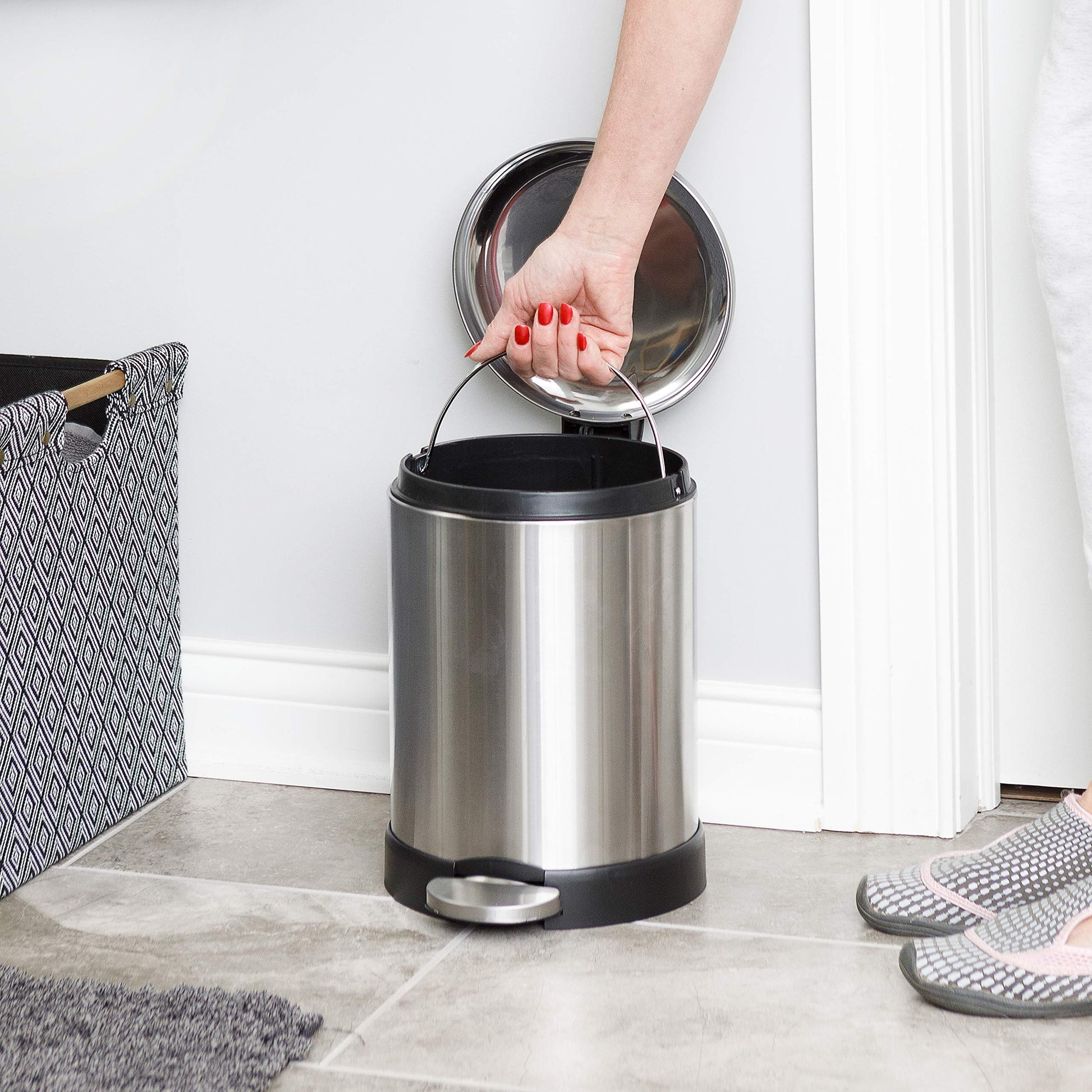 GLAD Small Trash Can, 1.2 Gallon | Round Stainless Steel Garbage Bin with Soft Close Lid & Step Foot Pedal | Metal Waste Basket with Removable Inner Bucket, Stainless