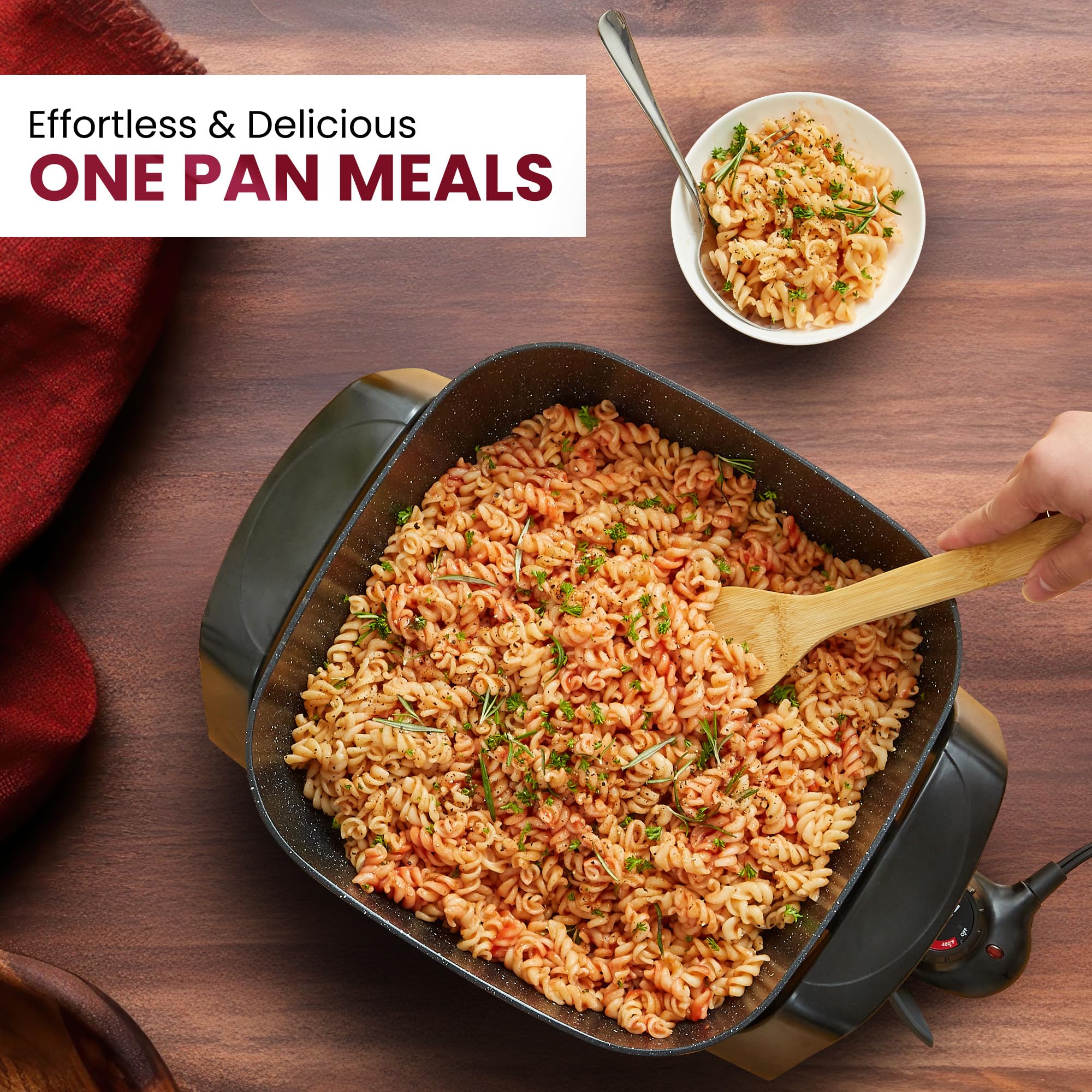 Elite Gourmet EG6201 Extra Deep 12"x12"x3.2" (7.5Qt.) Scratch Resistant Dishwasher Safe, Non-stick Electric Skillet with Glass Vented Lid, Adjustable Temperature, Black