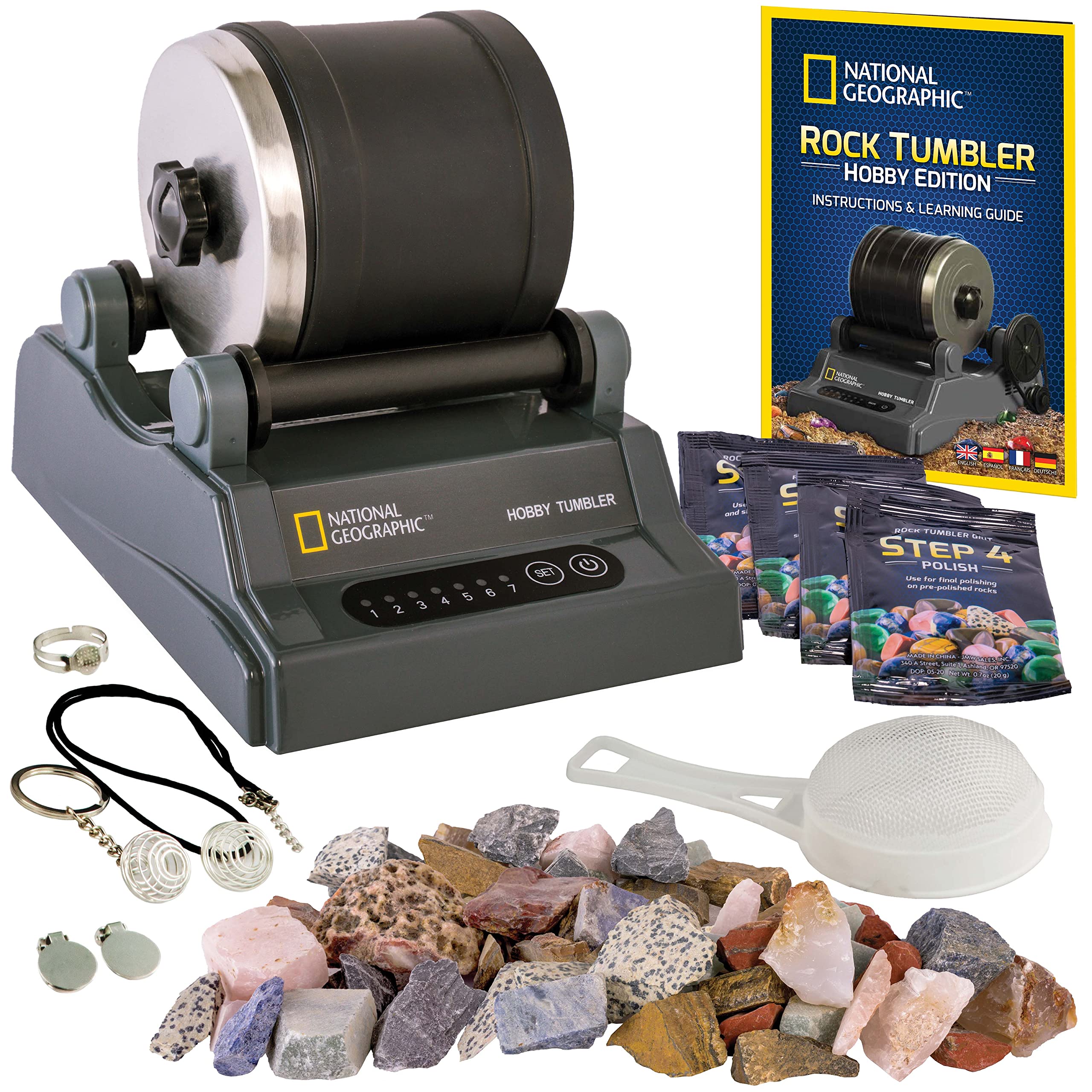 Blue Marble National Geographic Rock Tumbler Kit - Hobby Edition Includes Rough Gemstones, and 4 Polishing Grits, Great STEM Science Kit for Geology Enthusiasts, Rock Polisher for Kids and Adults