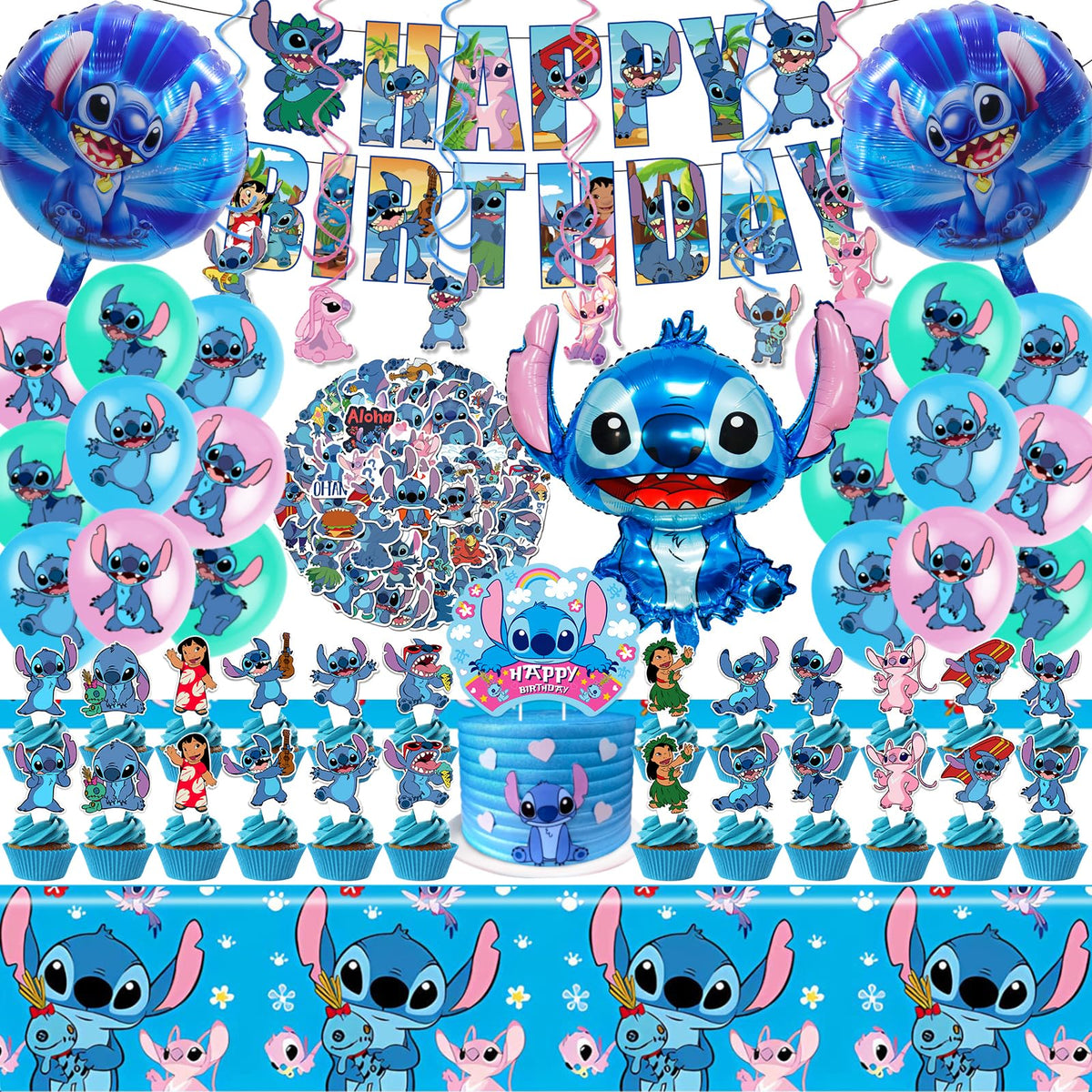 Stitch Party Supplies, 101PCS Birthday Decorations Set Include Banner, Balloons, Stickers, Hanging Swirls, Cake Cupcake Toppers, Tablecloth for Boys Girls Stitch Theme Party