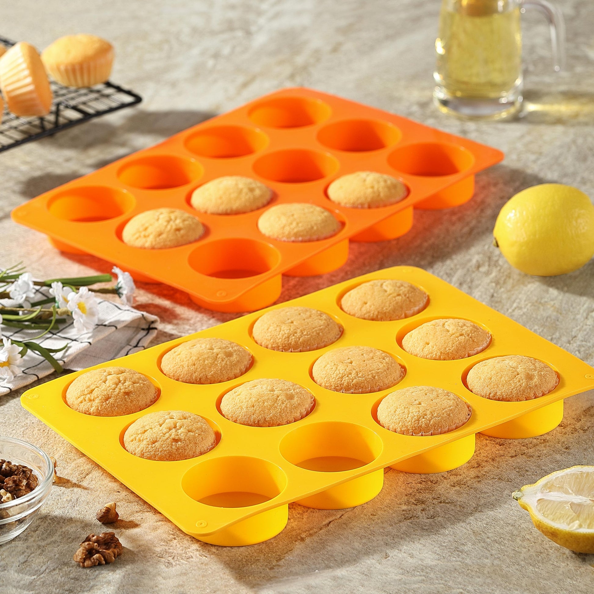 2 Pcs Oreo Chocolate Cookie Silicone Molds, 12-Cavity Round Silicone Mold, Baking Mold for Oreo, Chocolate, Cookie, Candy, Mini Cake, Jelly (Orange + Yellow)