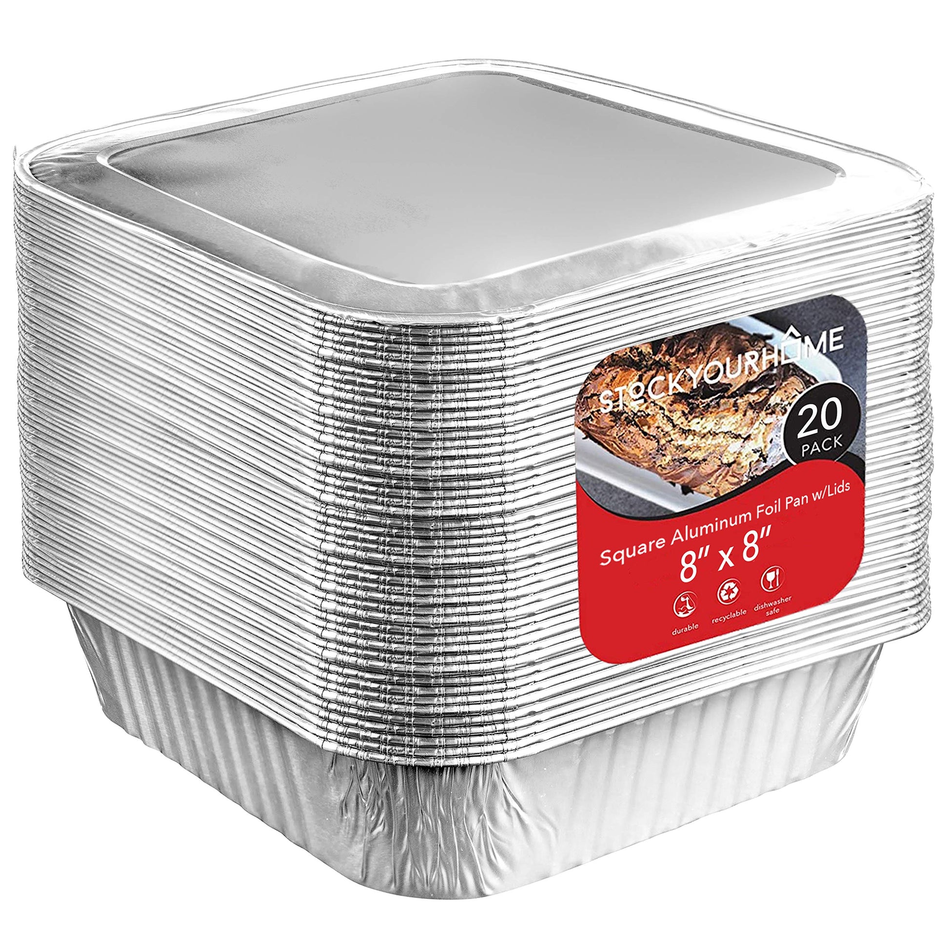 8x8 Foil Pans with Lids (20 Pack) 8 Inch Square Aluminum Pans with Covers -Disposable Food Containers Great for Baking Cake, Cooking, Heating, Storing, Prepping Food