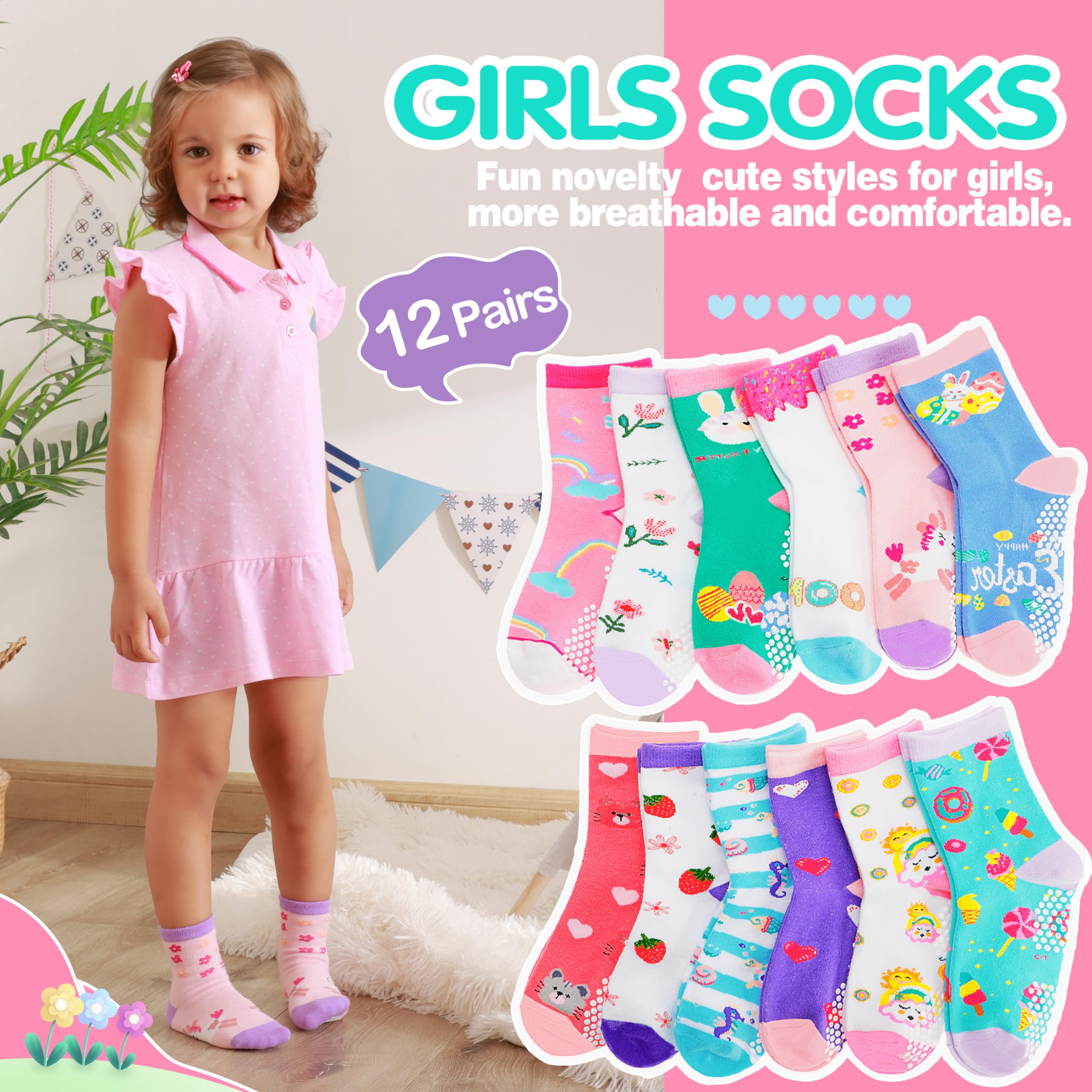 Welwoos Baby Girls Toddlers Grips Socks Kids Non Slip Anti Skid Funny Animal Cartoon Gift Cotton Socks with Grippers 12 Pairs Stocking Stuffers (Flower,3-5 Y)