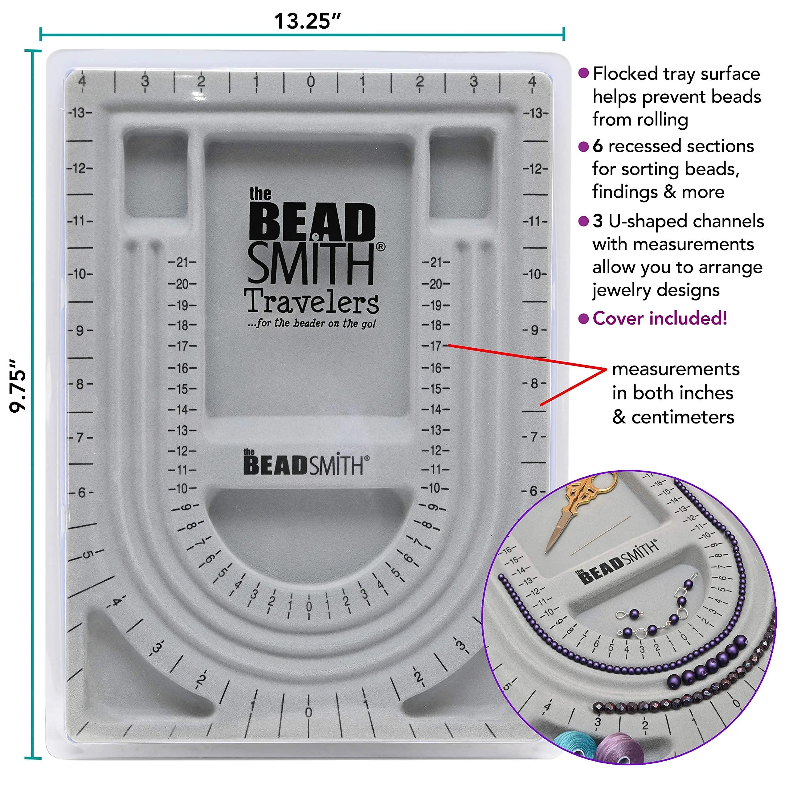 The Beadsmith Bead Board with Cover, Grey Flocked, 3 U-Shaped Channels, 6 Recessed Compartments,13.25H x 9.75L inches, Design Boards for Creating Bracelets, Necklaces and Other Jewelry