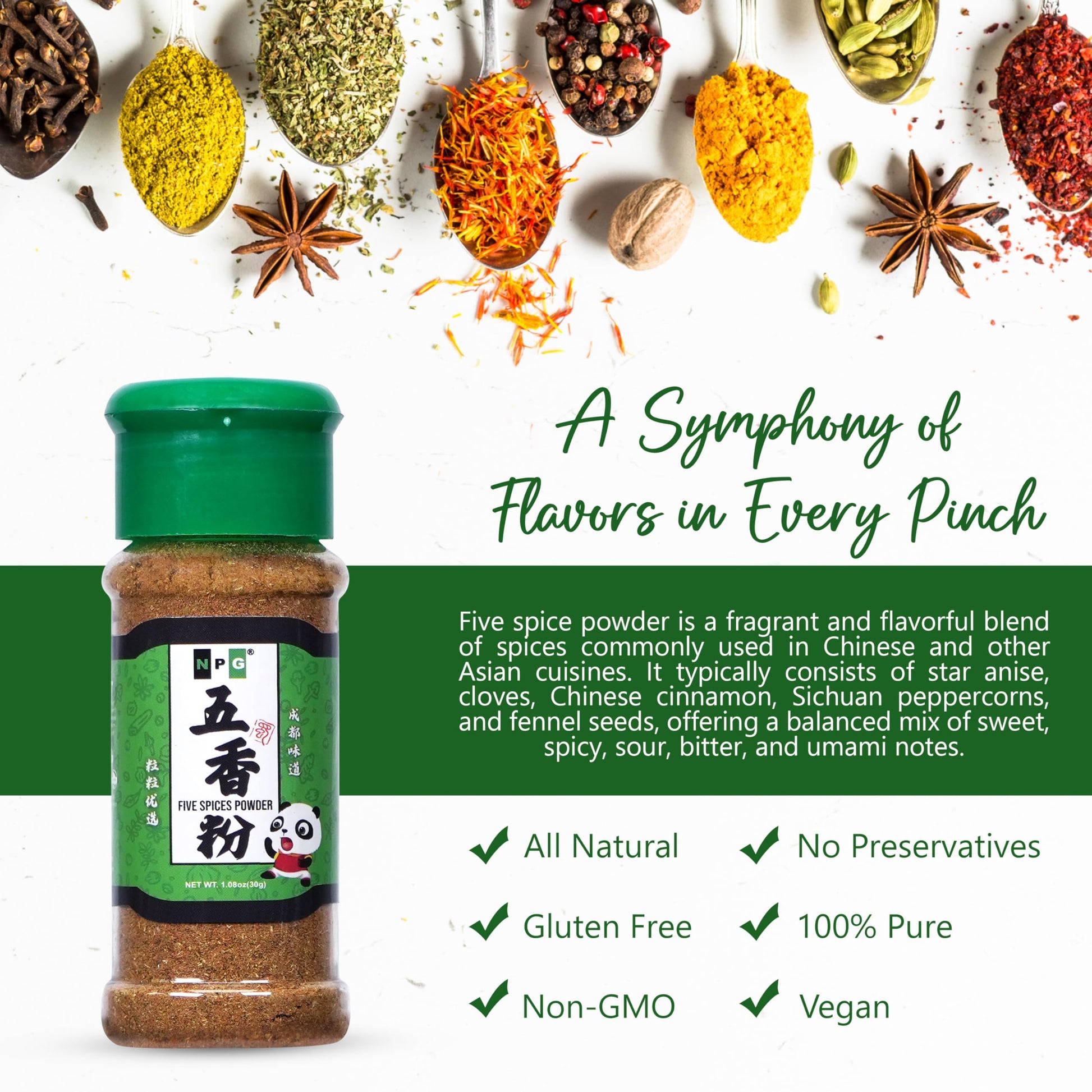 NPG Authentic Chinese Five Spice Blend 1.08 Oz, Gluten Free, All Natural Ground Chinese 5 Spice Powder, No Preservative, No MSG, Mixed Spice Seasoning for Asian Cuisine & Stir Fry